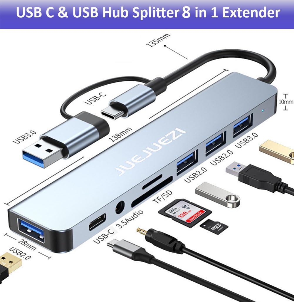 Juejuezi Usb Hub 3.0 Multiport Adapter 8 Port, Aluminum Usb & Usb C Hub 3.0 Expander Splitter 8 In 1 Fast Date Transfer, Audio A